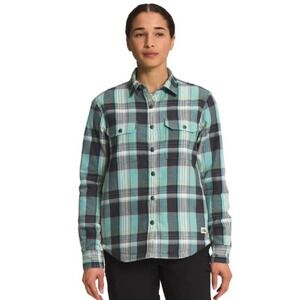 The North Face Womens Campshire Sherpa Lined Plaid Flannel Shirt Jacket Blue XS